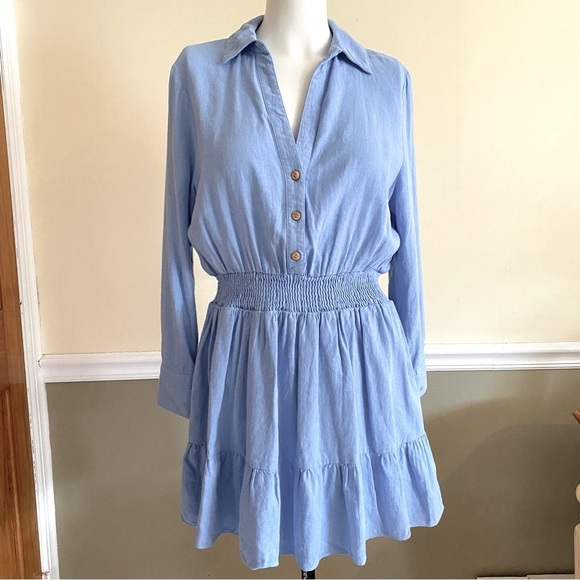 Zara Linen Blend Long Sleeve Blue Mini Dress - Picture 1 of 7